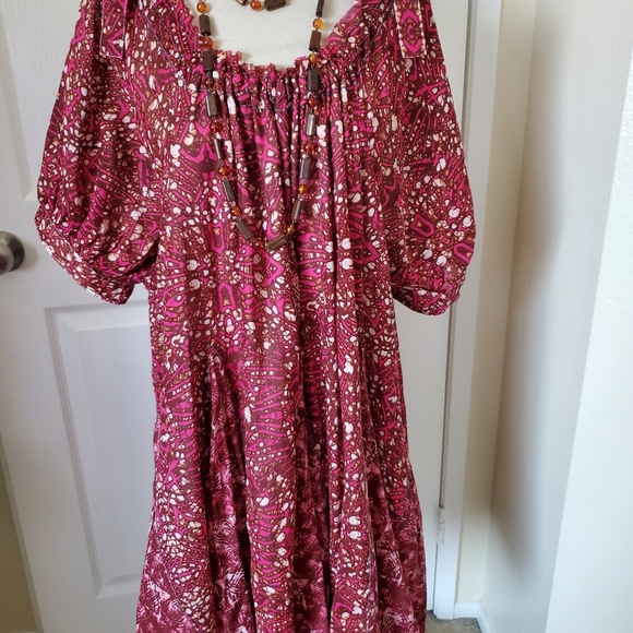 NEW Free People Pink Fushia Combo Short Sleeve Batik Tent Loose Fit Dress Size S - Picture 2 of 16